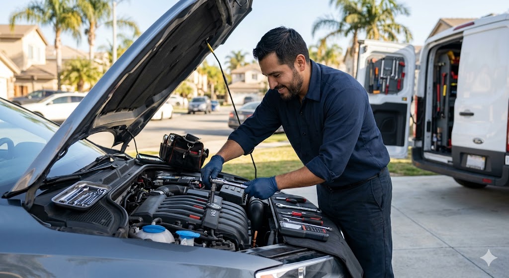 Mobile mechanic working on a vehicle